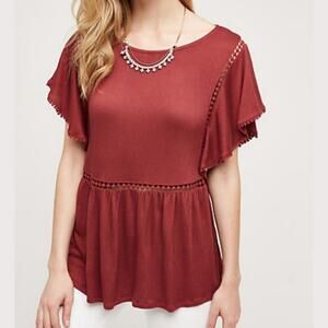ON THE ROAD Red Crochet Drop Waist Babydoll Top Boho Oversized Fall Sz Medium